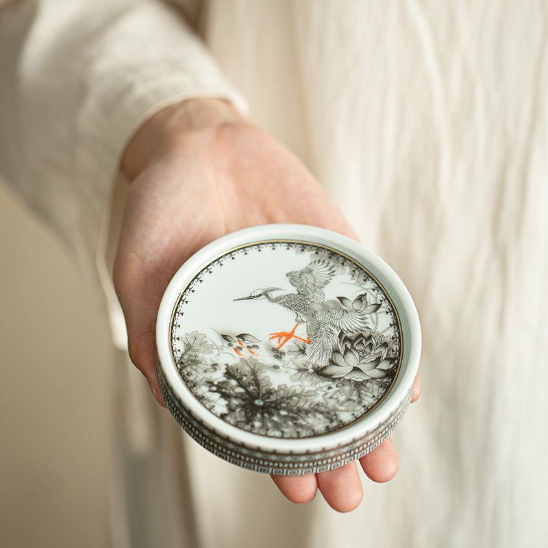 Authentic Jingdezhen Ink Enamel Fortune Lotus Ceramic Lid Rest & Teacup Coaster - Teaware Accessories