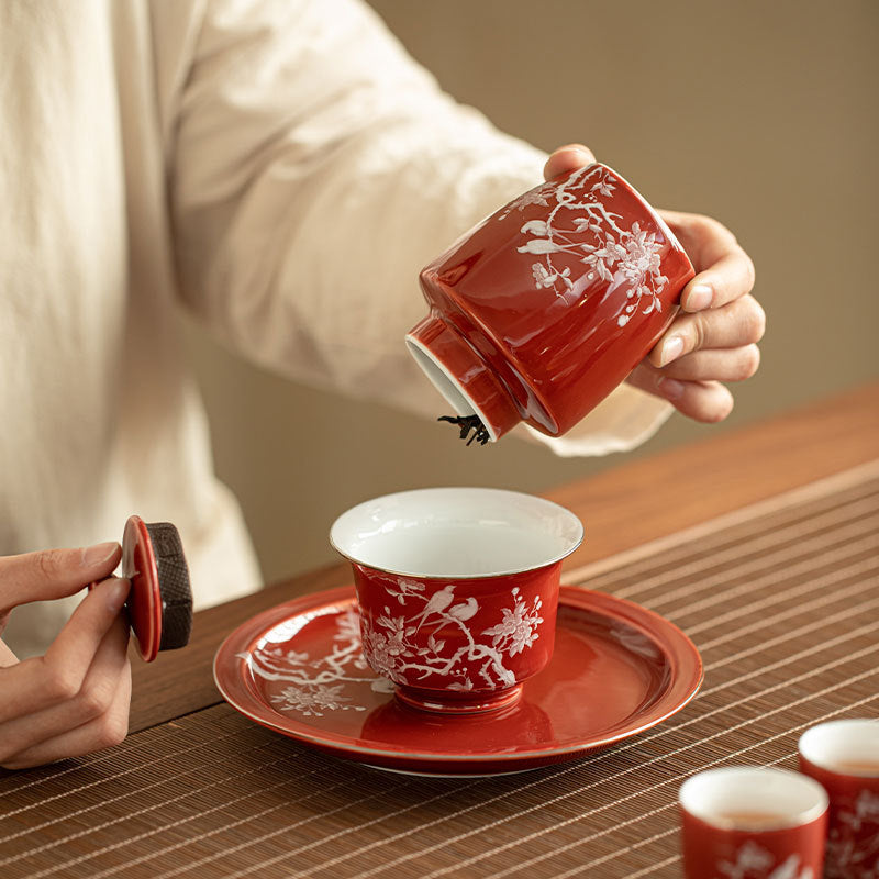Authentic Guochao Coral Red Magpie & Plum Blossom Gaiwan Tea Set with Caddy - Luxury Gift Box