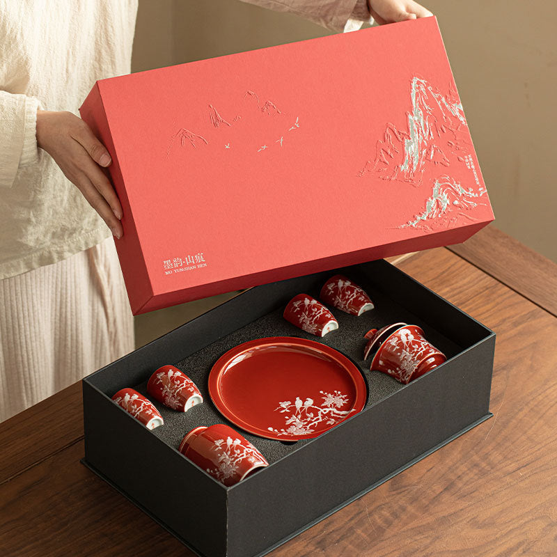 Authentic Guochao Coral Red Magpie & Plum Blossom Gaiwan Tea Set with Caddy - Luxury Gift Box