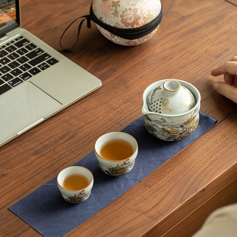 Authentic Song-Style Ru Ware Celadon Gourd Portable Travel Tea Set - Luxury Camping Gift Box