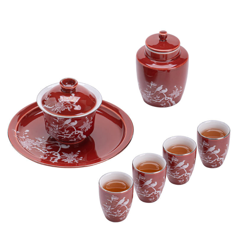 Authentic Guochao Coral Red Magpie & Plum Blossom Gaiwan Tea Set with Caddy - Luxury Gift Box