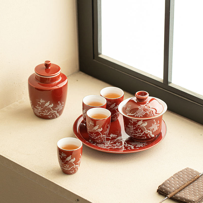 Authentic Guochao Coral Red Magpie & Plum Blossom Gaiwan Tea Set with Caddy - Luxury Gift Box