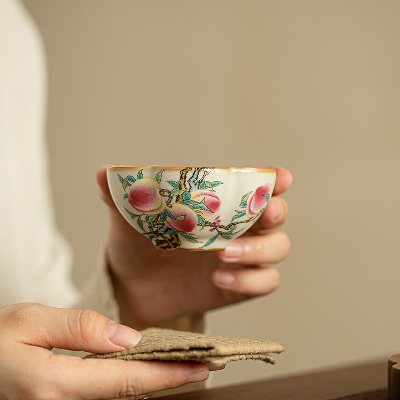 Authentic Ru Ware Fencai Nine Peaches Petal Master Teacup - 85ml Gongfu Teacup