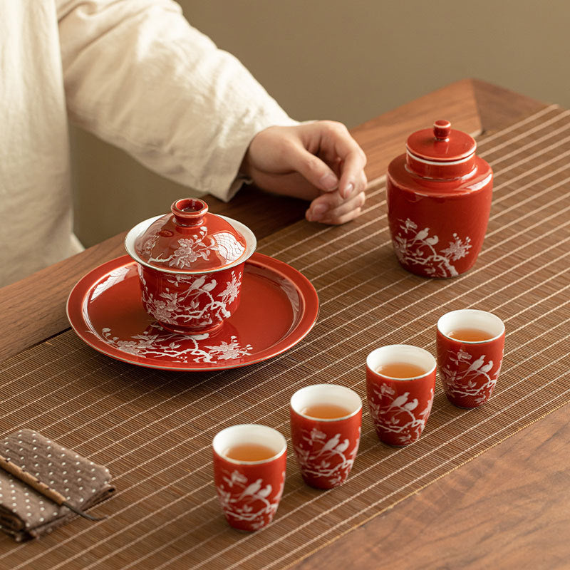 Authentic Guochao Coral Red Magpie & Plum Blossom Gaiwan Tea Set with Caddy - Luxury Gift Box