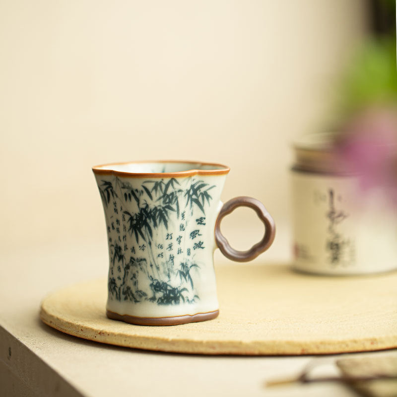 Authentic Jingdezhen Ru Ware Blue & White Dingfengbo Begonia Ceramic Cup with Handle - 120ml Master Mug