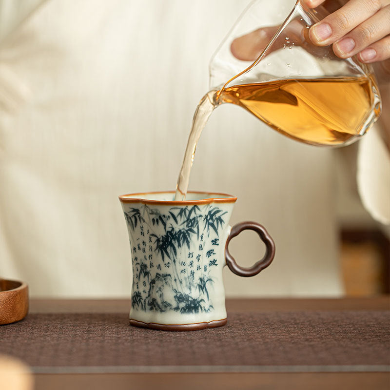 Authentic Jingdezhen Ru Ware Blue & White Dingfengbo Begonia Ceramic Cup with Handle - 120ml Master Mug