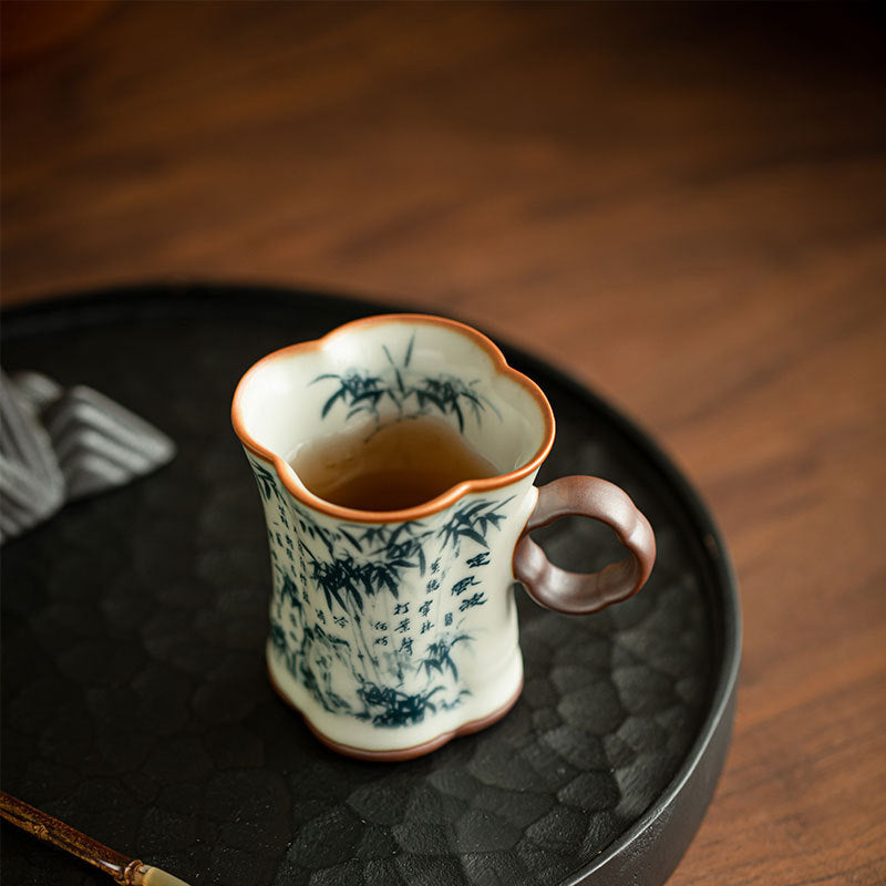Authentic Jingdezhen Ru Ware Blue & White Dingfengbo Begonia Ceramic Cup with Handle - 120ml Master Mug