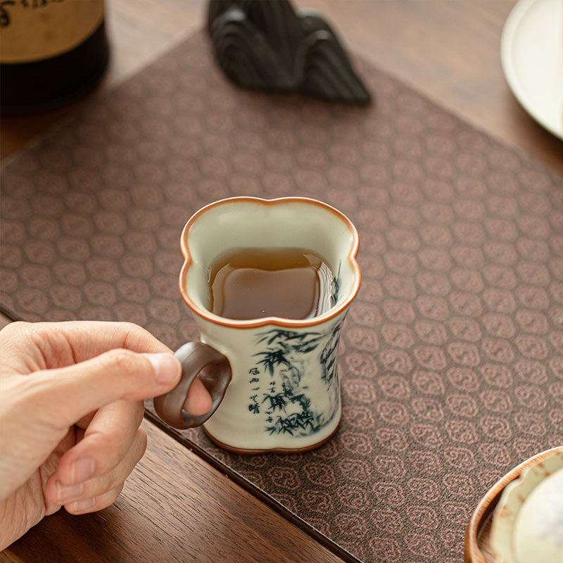 Authentic Jingdezhen Ru Ware Blue & White Dingfengbo Begonia Ceramic Cup with Handle - 120ml Master Mug