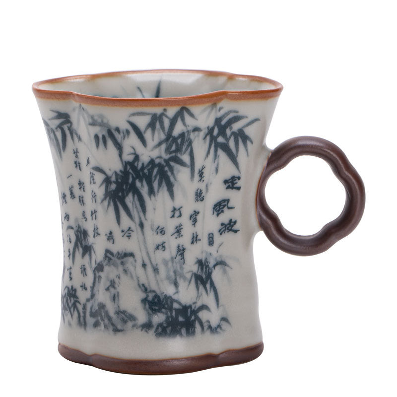Authentic Jingdezhen Ru Ware Blue & White Dingfengbo Begonia Ceramic Cup with Handle - 120ml Master Mug
