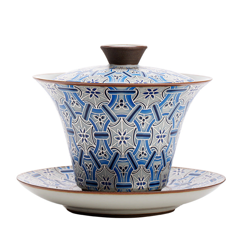 Authentic Jingdezhen Hand-Painted Blue & White Blooming Floral Hovering Horseshoe Sancai Gaiwan Tea Bowl - 160ml