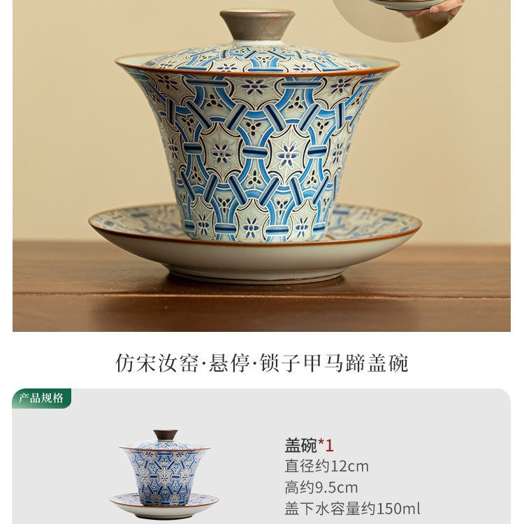 Authentic Jingdezhen Hand-Painted Blue & White Blooming Floral Hovering Horseshoe Sancai Gaiwan Tea Bowl - 160ml