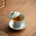 Authentic Jingdezhen Hand-Painted Blue & White Blooming Floral Hovering Horseshoe Sancai Gaiwan Tea Bowl - 160ml