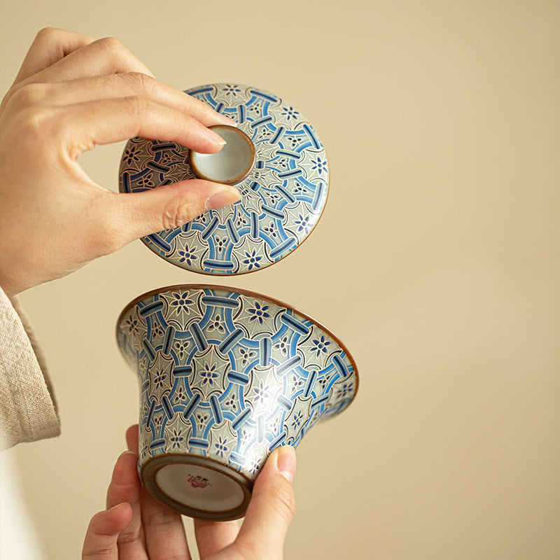 Authentic Jingdezhen Hand-Painted Blue & White Blooming Floral Hovering Horseshoe Sancai Gaiwan Tea Bowl - 160ml