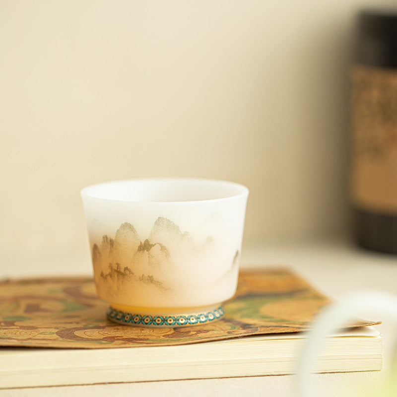 Matte Mutton Fat Jade Misty Mountain Relief Horseshoe Master Teacup - 90ml Gongfu Teacup
