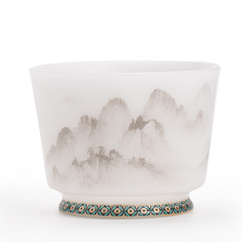 Matte Mutton Fat Jade Misty Mountain Relief Horseshoe Master Teacup - 90ml Gongfu Teacup