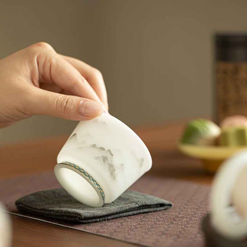 Matte Mutton Fat Jade Misty Mountain Relief Horseshoe Master Teacup - 90ml Gongfu Teacup