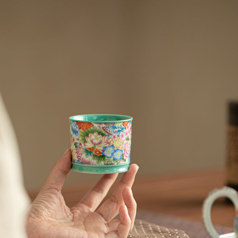 Authentic Jingdezhen Antique Enamel Mantingfang Floral Ceramic Master Teacup - 80ml Gongfu Cup