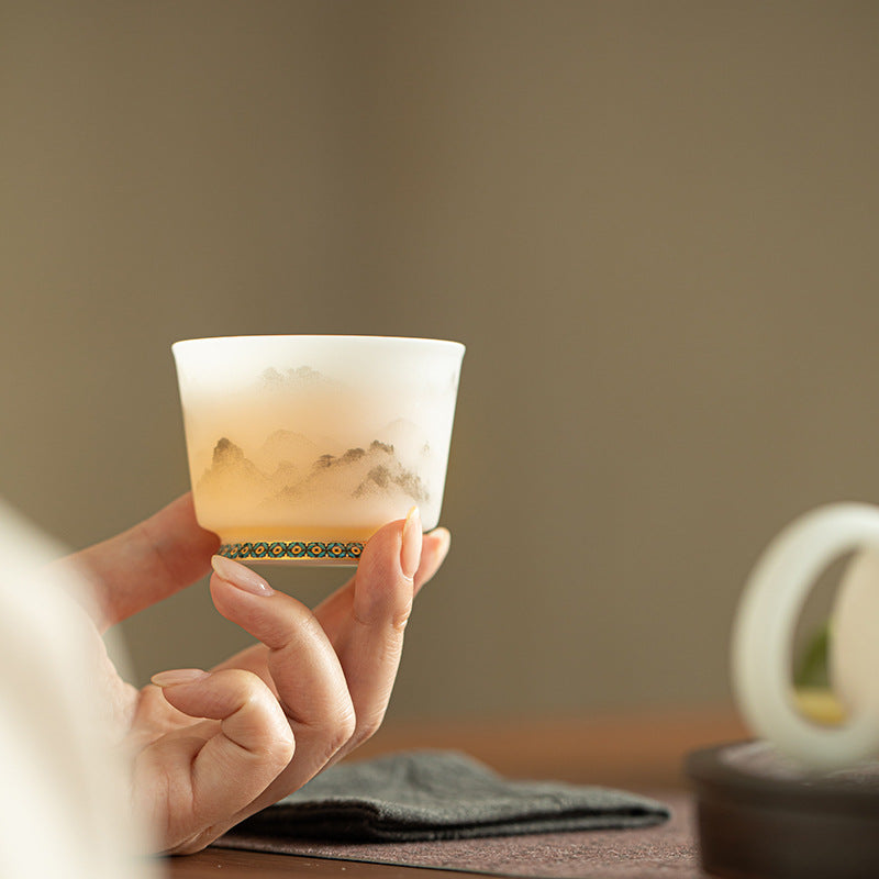 Matte Mutton Fat Jade Misty Mountain Relief Horseshoe Master Teacup - 90ml Gongfu Teacup