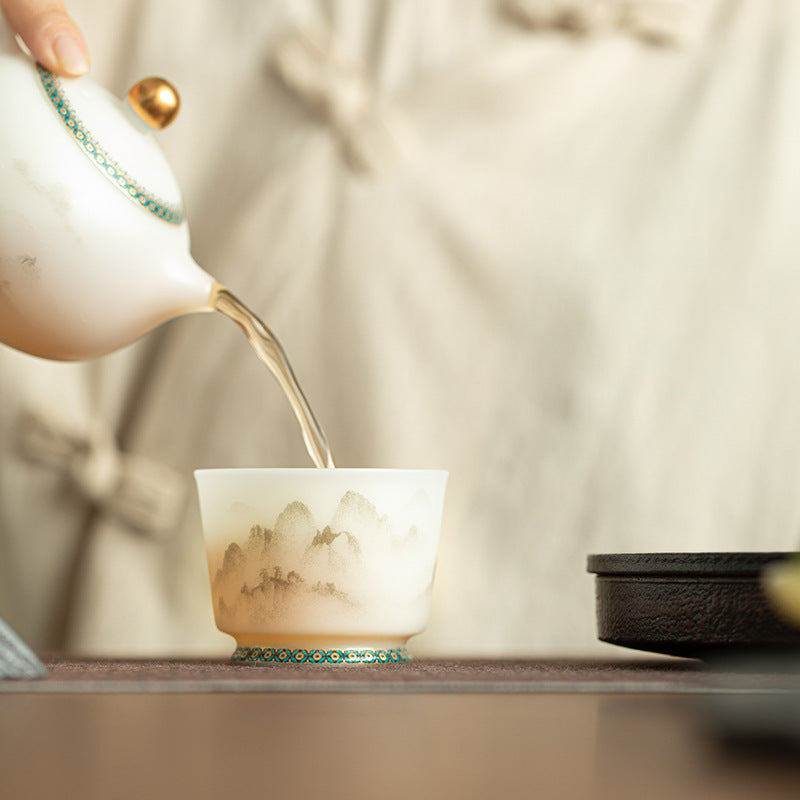 Matte Mutton Fat Jade Misty Mountain Relief Horseshoe Master Teacup - 90ml Gongfu Teacup