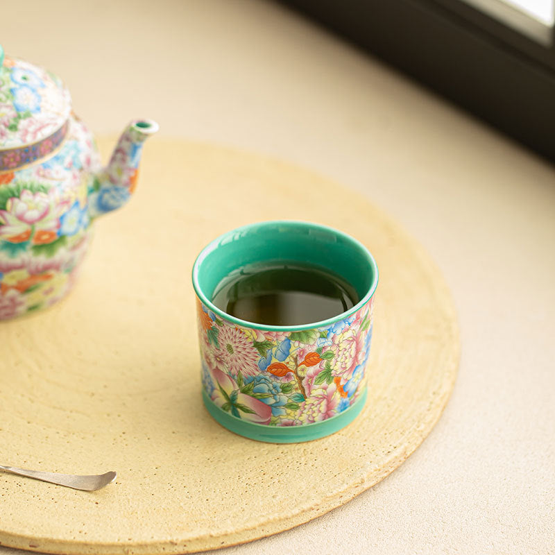 Authentic Jingdezhen Antique Enamel Mantingfang Floral Ceramic Master Teacup - 80ml Gongfu Cup