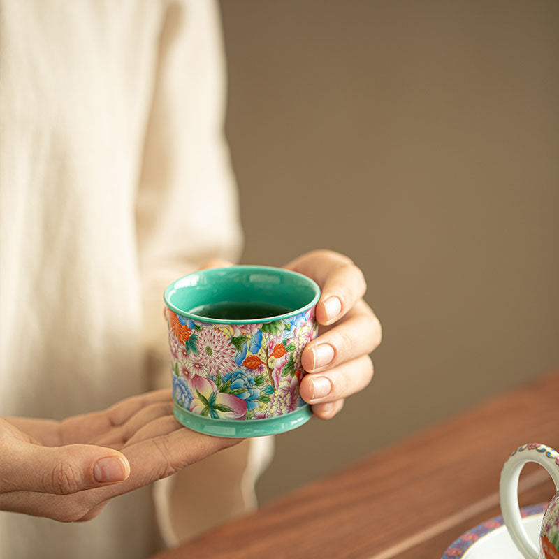 Authentic Jingdezhen Antique Enamel Mantingfang Floral Ceramic Master Teacup - 80ml Gongfu Cup