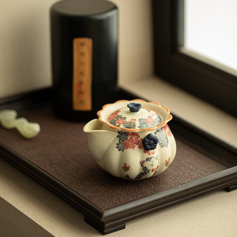 Handcrafted Rock Mineral White Gold-Gilded Cat Ceramic Easy Teapot - 150ml Baoping Teaware