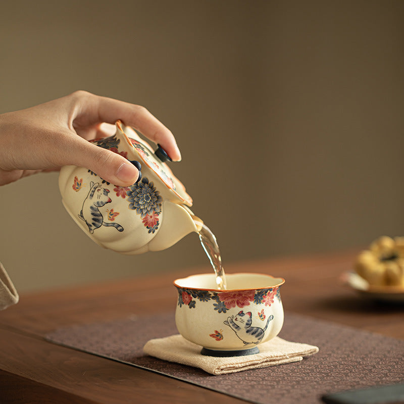 Handcrafted Rock Mineral White Gold-Gilded Cat Ceramic Easy Teapot - 150ml Baoping Teaware