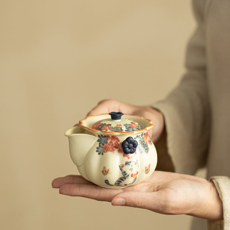 Handcrafted Rock Mineral White Gold-Gilded Cat Ceramic Easy Teapot - 150ml Baoping Teaware