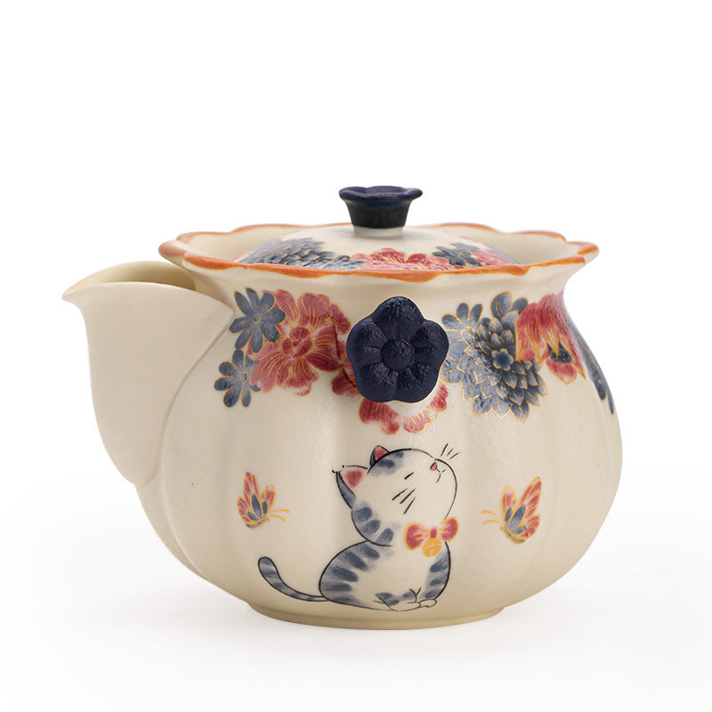 Handcrafted Rock Mineral White Gold-Gilded Cat Ceramic Easy Teapot - 150ml Baoping Teaware