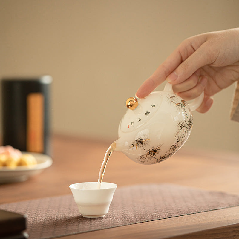Luxury Gold-Inlaid Ice Mutton-Fat Jade Porcelain Xishi Teapot - 170ml Translucent Gongfu Teapot