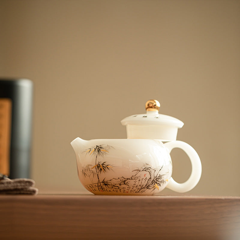 Luxury Gold-Inlaid Ice Mutton-Fat Jade Porcelain Xishi Teapot - 170ml Translucent Gongfu Teapot