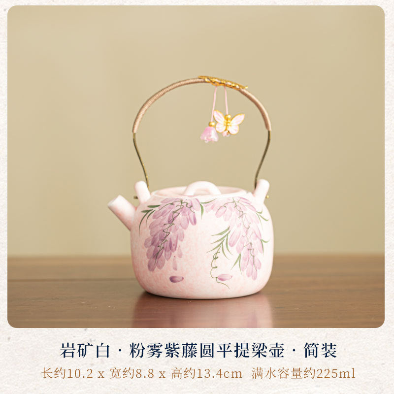 Authentic Rock Mineral White Mist Wisteria Flat Beam-Handle Ceramic Teapot - 210ml Gongfu Kettle