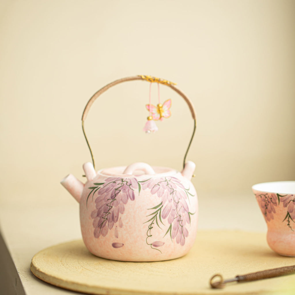 Authentic Rock Mineral White Mist Wisteria Flat Beam-Handle Ceramic Teapot - 210ml Gongfu Kettle