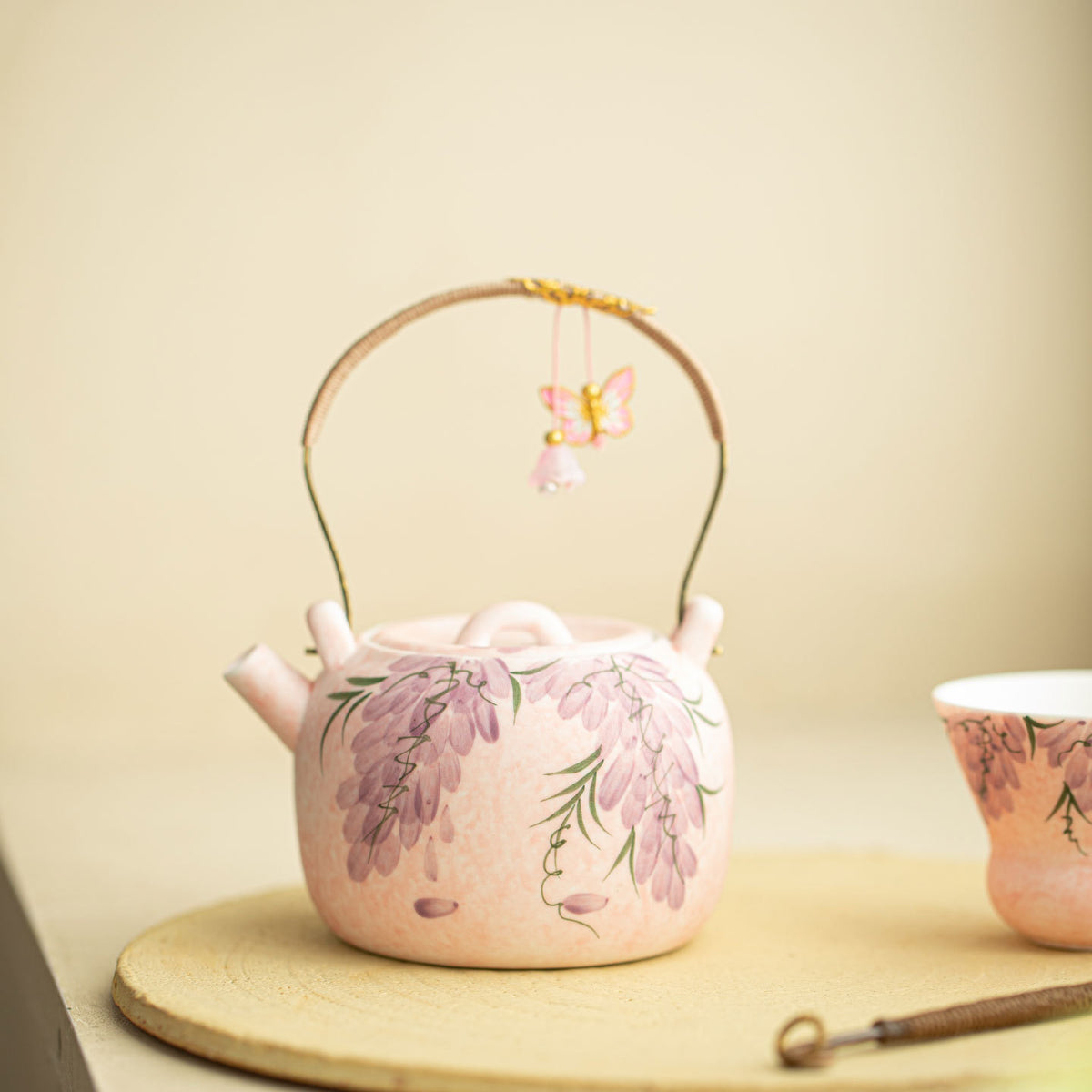 Authentic Rock Mineral White Mist Wisteria Flat Beam-Handle Ceramic Teapot - 210ml Gongfu Kettle