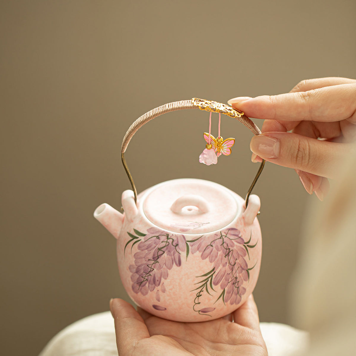 Authentic Rock Mineral White Mist Wisteria Flat Beam-Handle Ceramic Teapot - 210ml Gongfu Kettle