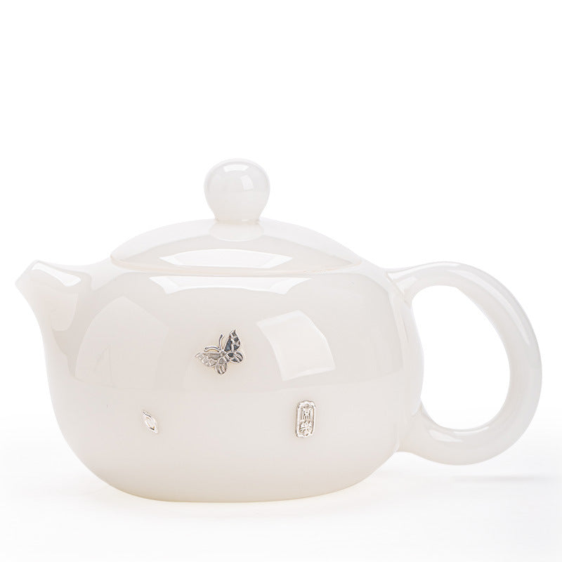 Handcrafted Silver-Stapled Mutton-Fat Jade Butterfly Xishi Ceramic Teapot - 165ml Ju-Ci Masterpiece