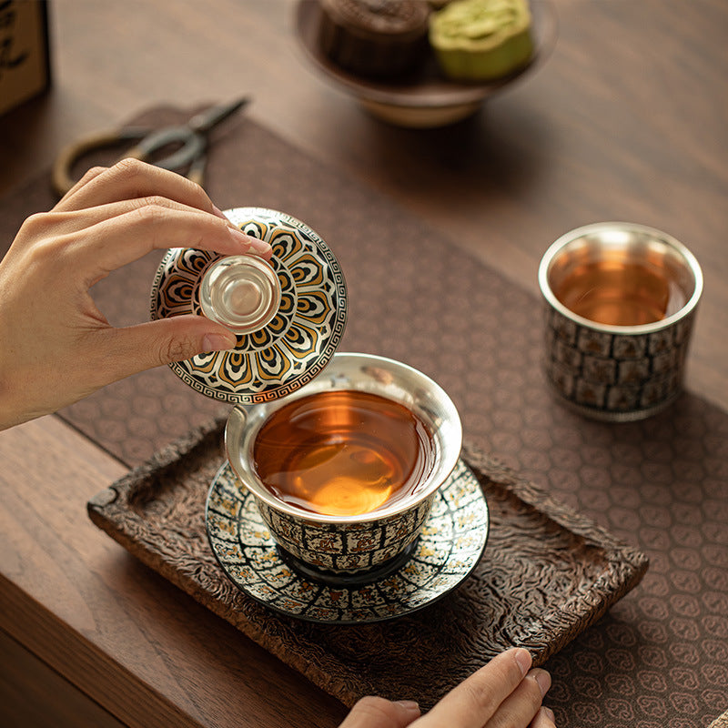 Authentic Jingdezhen Silver-Gilt Ten Thousand Buddhas Coarse Clay Gaiwan - 160ml San Cai Tea Bowl
