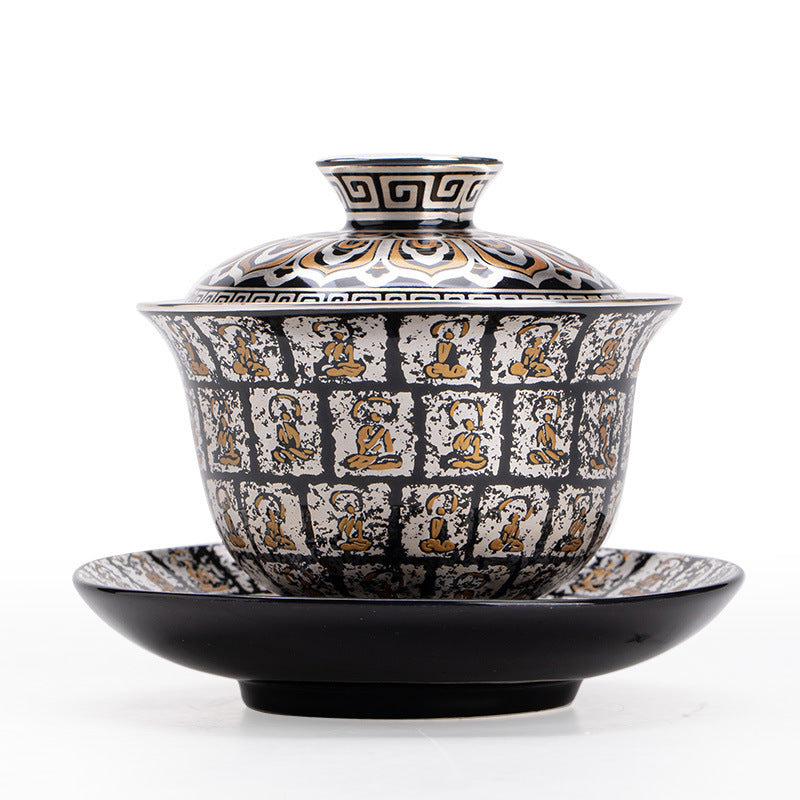 Authentic Jingdezhen Silver-Gilt Ten Thousand Buddhas Coarse Clay Gaiwan - 160ml San Cai Tea Bowl