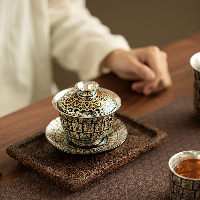 Authentic Jingdezhen Silver-Gilt Ten Thousand Buddhas Coarse Clay Gaiwan - 160ml San Cai Tea Bowl