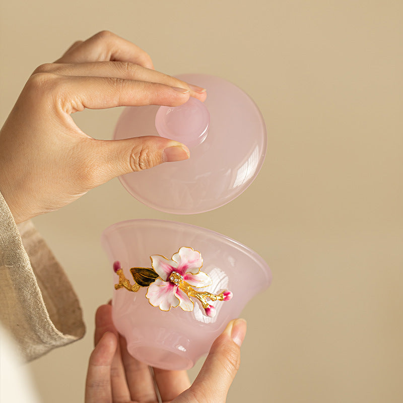 Handcrafted Pinched-Flower Pink Glazed Ceramic San Cai Gaiwan - 150ml Romantic Gongfu Tea Bowl
