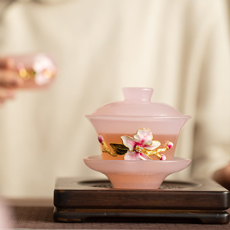 Handcrafted Pinched-Flower Pink Glazed Ceramic San Cai Gaiwan - 150ml Romantic Gongfu Tea Bowl