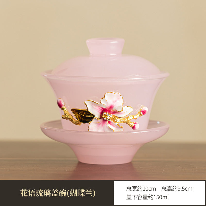Handcrafted Pinched-Flower Pink Glazed Ceramic San Cai Gaiwan - 150ml Romantic Gongfu Tea Bowl