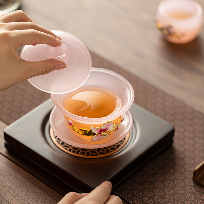 Handcrafted Pinched-Flower Pink Glazed Ceramic San Cai Gaiwan - 150ml Romantic Gongfu Tea Bowl