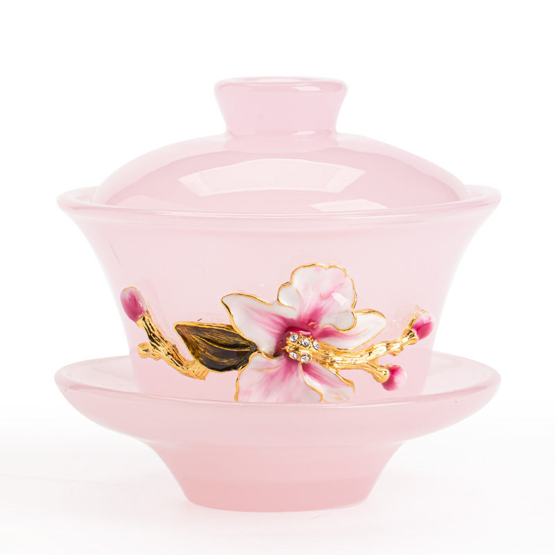 Handcrafted Pinched-Flower Pink Glazed Ceramic San Cai Gaiwan - 150ml Romantic Gongfu Tea Bowl
