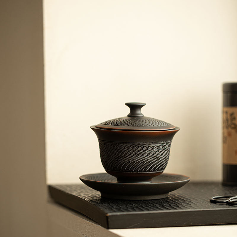 Authentic Jianshui Purple Pottery Chatter-Pattern Large Ceramic Gaiwan Set - 200ml Anti-Scald Tea Bowl
