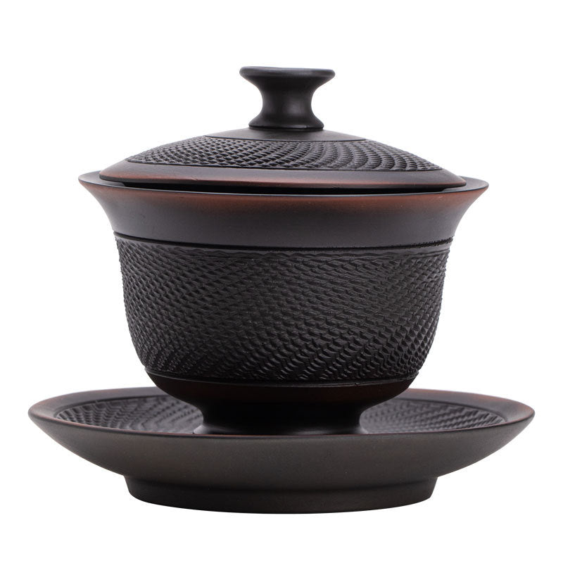 Authentic Jianshui Purple Pottery Chatter-Pattern Large Ceramic Gaiwan Set - 200ml Anti-Scald Tea Bowl