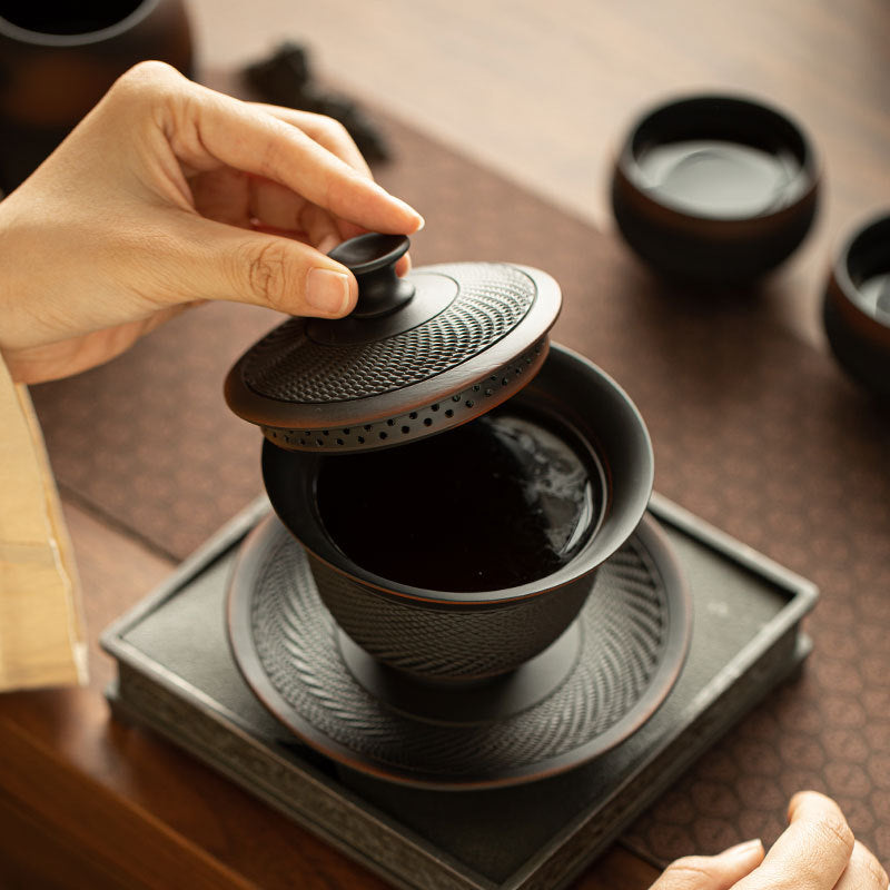 Authentic Jianshui Purple Pottery Chatter-Pattern Large Ceramic Gaiwan Set - 200ml Anti-Scald Tea Bowl