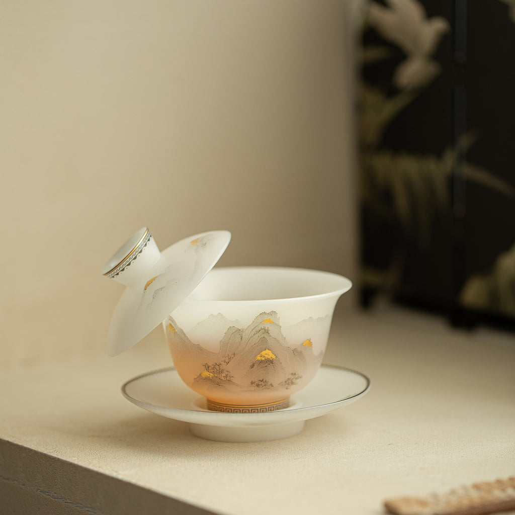 Authentic Ice-Glazed Biscuit-Ware Gold Mountain San Cai Gaiwan - 160ml Anti-Scald Ceramic Tea Bowl