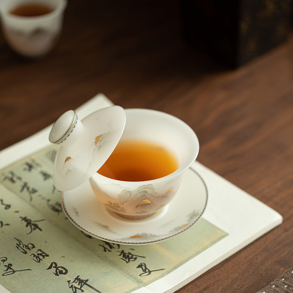 Authentic Ice-Glazed Biscuit-Ware Gold Mountain San Cai Gaiwan - 160ml Anti-Scald Ceramic Tea Bowl