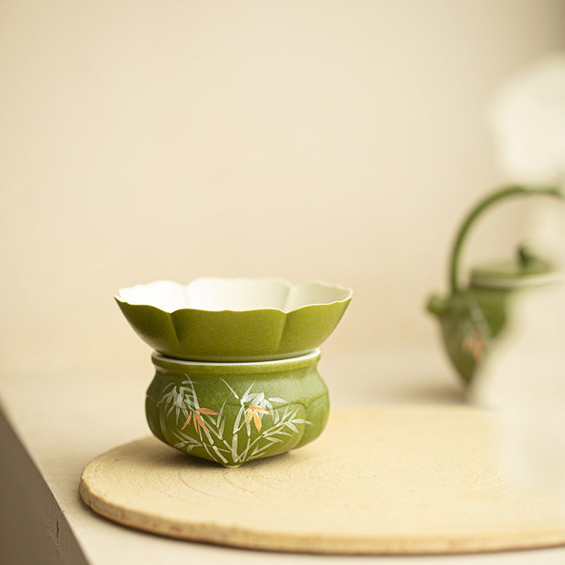 Jingdezhen Hand-Painted Bamboo Shadow Cyan-Orange Ceramic Tea Strainer Set - 2pc Teaware Accessories